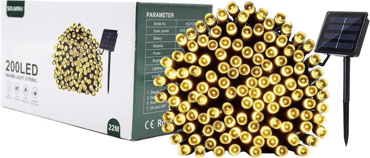 Lichtsnoer op Zonne-energie voor Buiten - Warm - 22M - 200 LEDs - Voor Tuin en Balkon