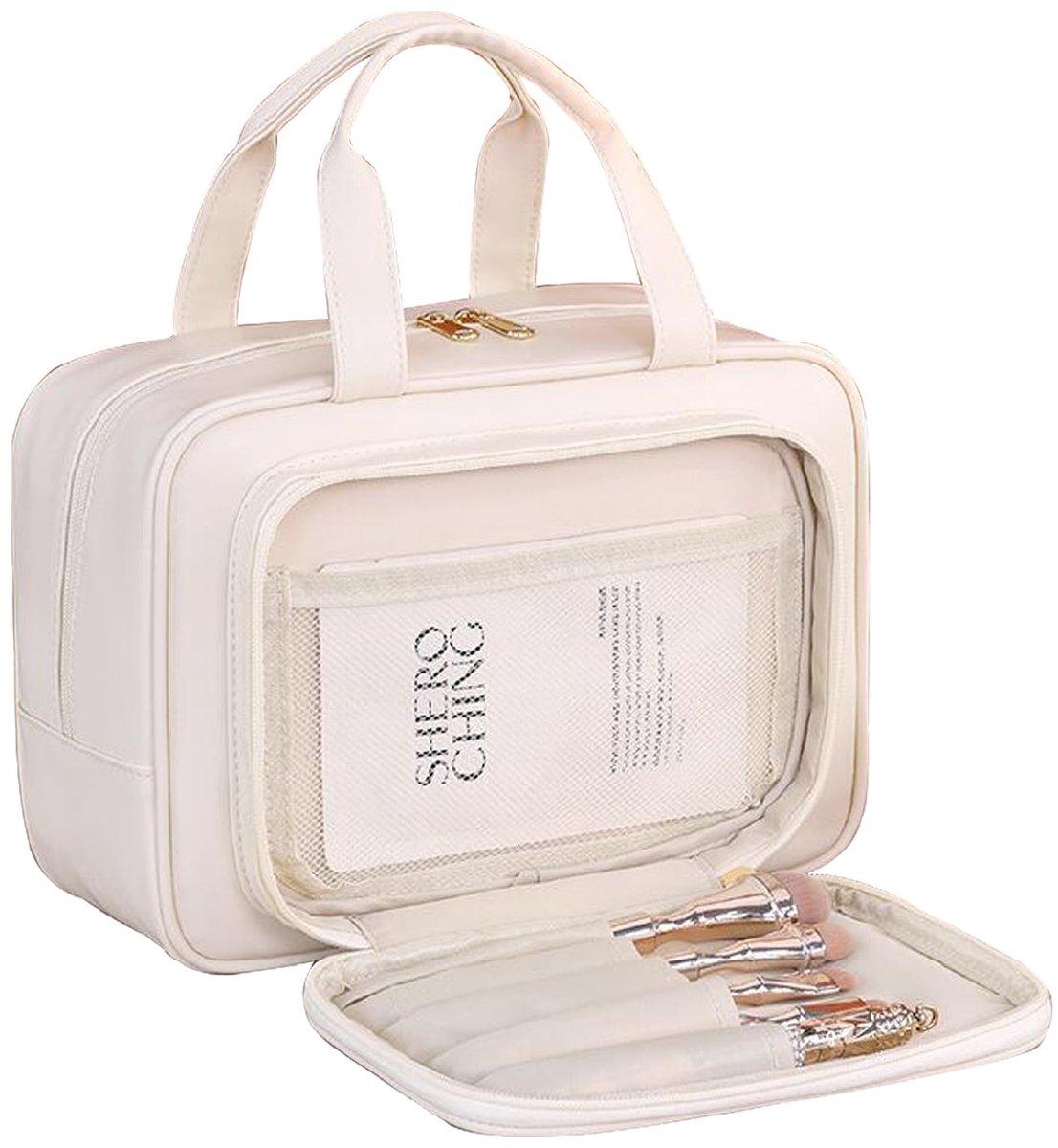 Toilettas volledige grootte - grote wijde open make-up tas - beige - ideaal voor reizen - ShopVlot