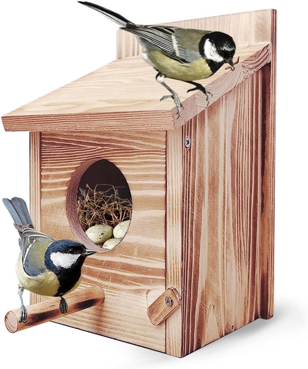 Vogelhuisje - Hout - 15 x 15 x 22 cm - Weerbestendig Nestkast voor Mees en Roodborstje - Voor in de Tuin