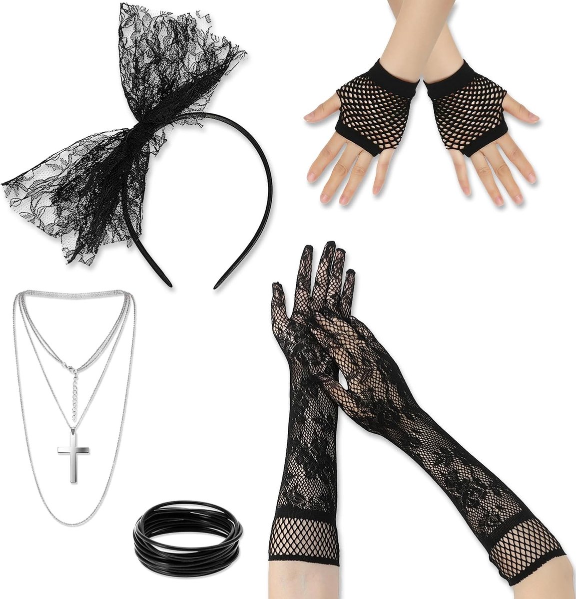 Retro 80s Kostuum Accessoires Set met Haarband, Armband, Handschoenen, Oorbellen en Ketting voor Feestjes en Carnaval