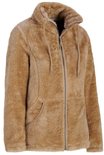 Camelkleurig fleece vest met rits, capuchon met trekkoord en open steekzakken, van de zijkant.