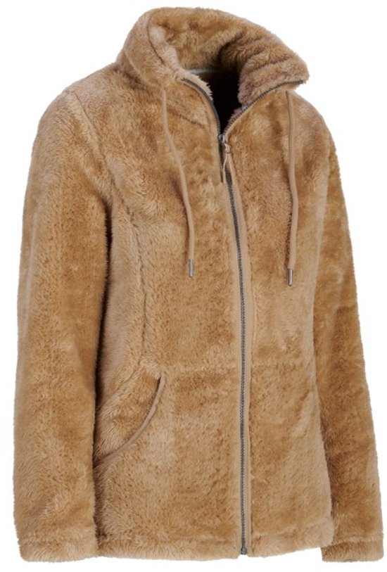 Camelkleurig fleece vest met rits, capuchon met trekkoord en open steekzakken, van de zijkant.
