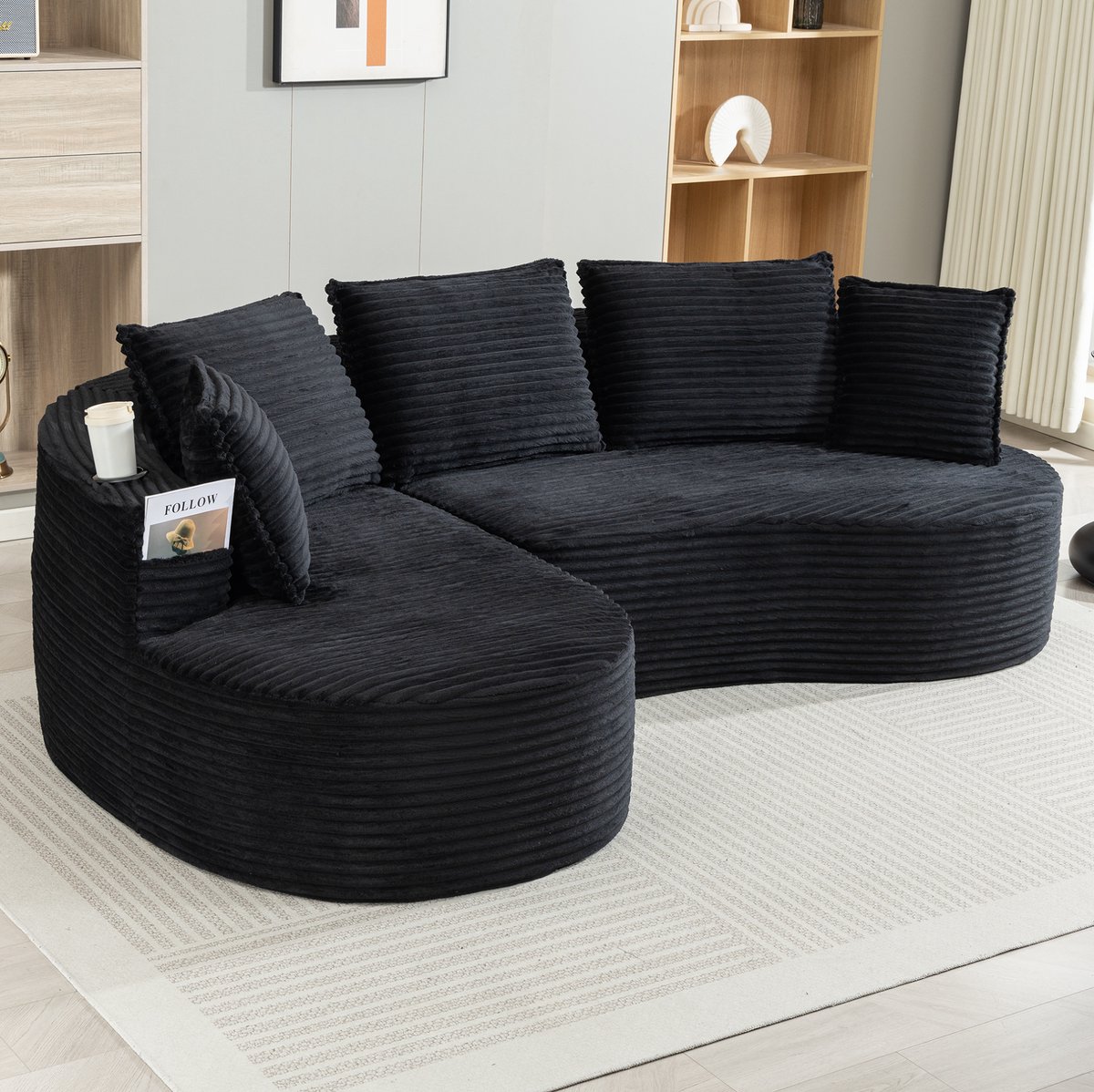 DESMIU Hoekbank 250 x 152 x 82 cm - Met Bekerhouders, Zijvakken En Kussen - Voor Woonkamer En Werkkamer - Cord Zwart