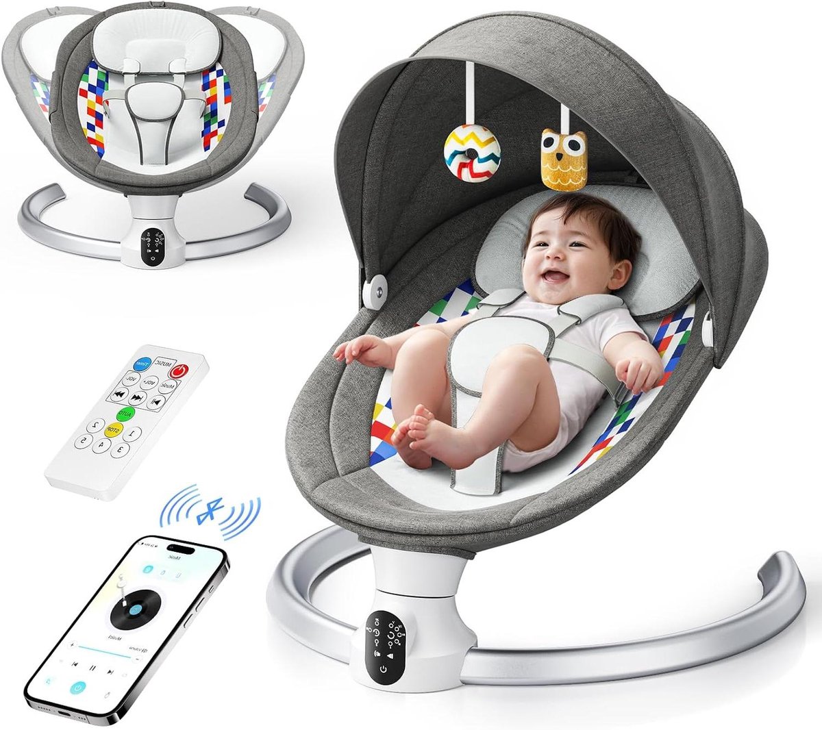 Babyschommelbank Elektrisch - Baby Schommelstoel - Baby Vermaken - App Bediening - Tot 9 kg - Lichtgrijs