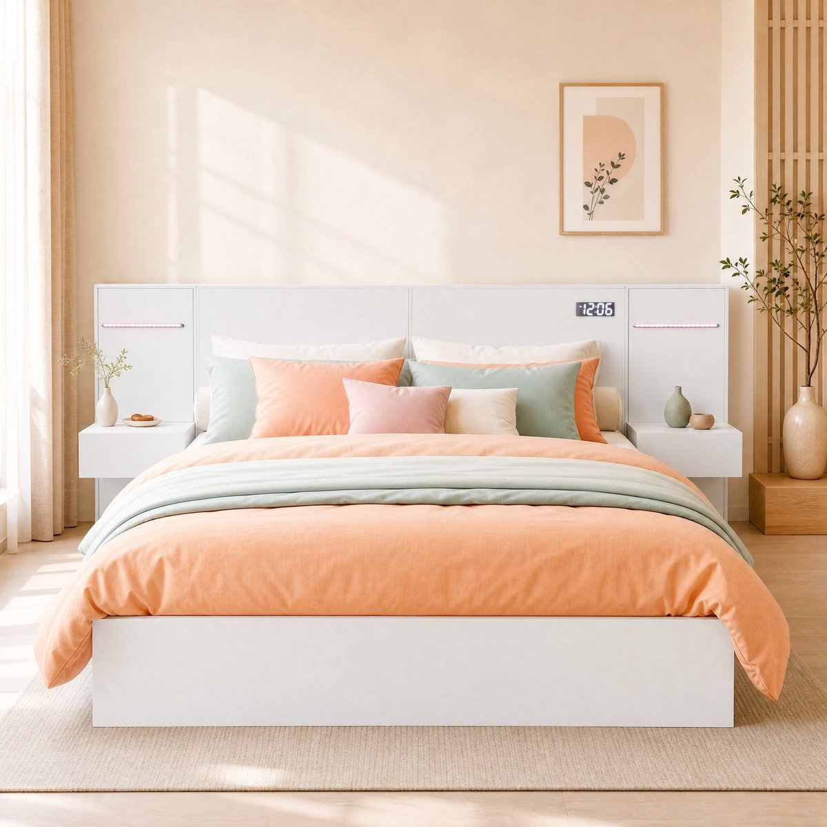 Wishdor Tweepersoonsbed 160x200 cm - Usb, bluetooth-luidspreker, led-lampen, elektronische klok - Lattenbodem - Modern - Wit - Mdf - 242,4 x 162,5 cm