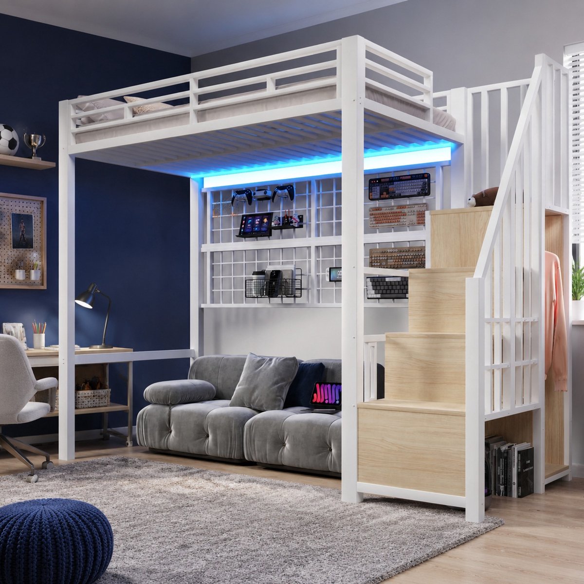 Wishdor Hoogslaper 90x200 cm - Met opbergtrap, kledingkast, hangrooster en led-verlichting - Metaal en mdf - Wit - 253 x 94,5 x 170 cm