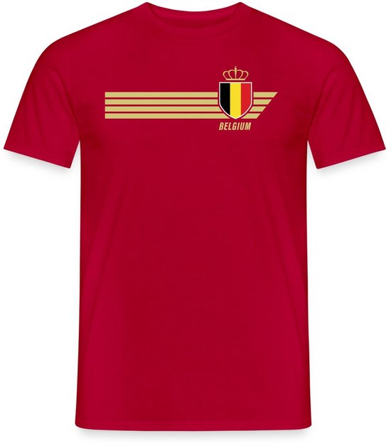 Rood heren T-shirt met België wapen, gouden strepen en 'BELGIUM'.