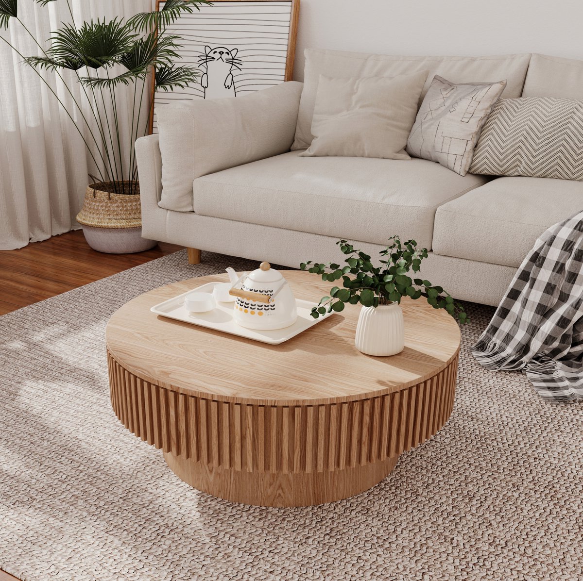 MODENUIT Salontafel - Rond Model Met Opbergruimte Onder Deksel - Voor Woonkamer En Slaapkamer - Houtkleur - 75 Cm