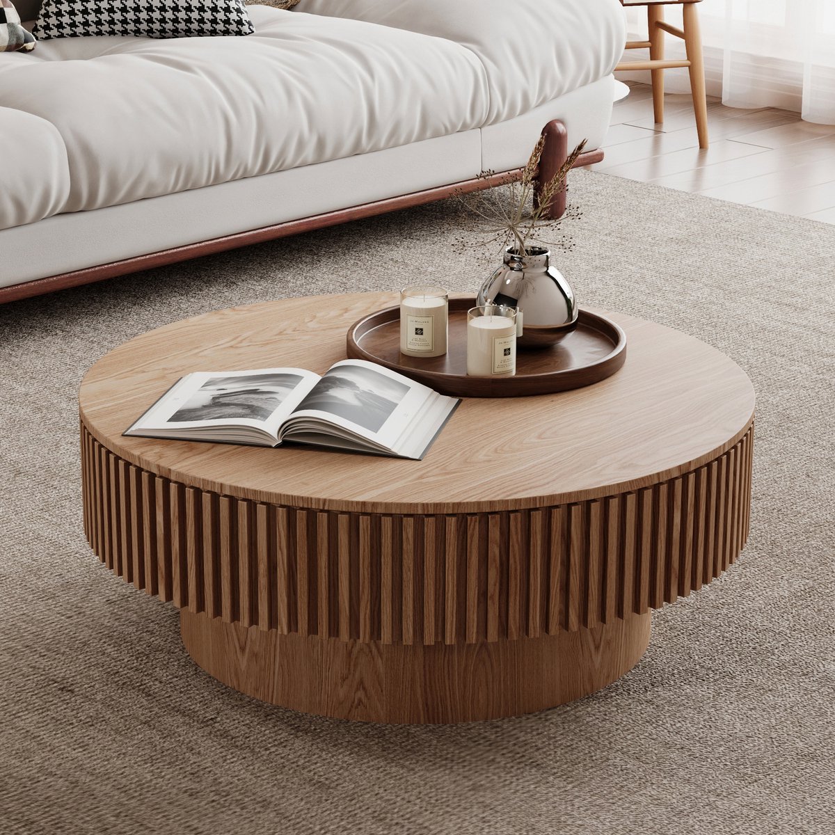 STILVORA Salontafel - Ronde Tafel Met Verborgen Opbergruimte - Voor Woonkamer En Slaapkamer - Houtlook - 75 Cm - Natuurlijk