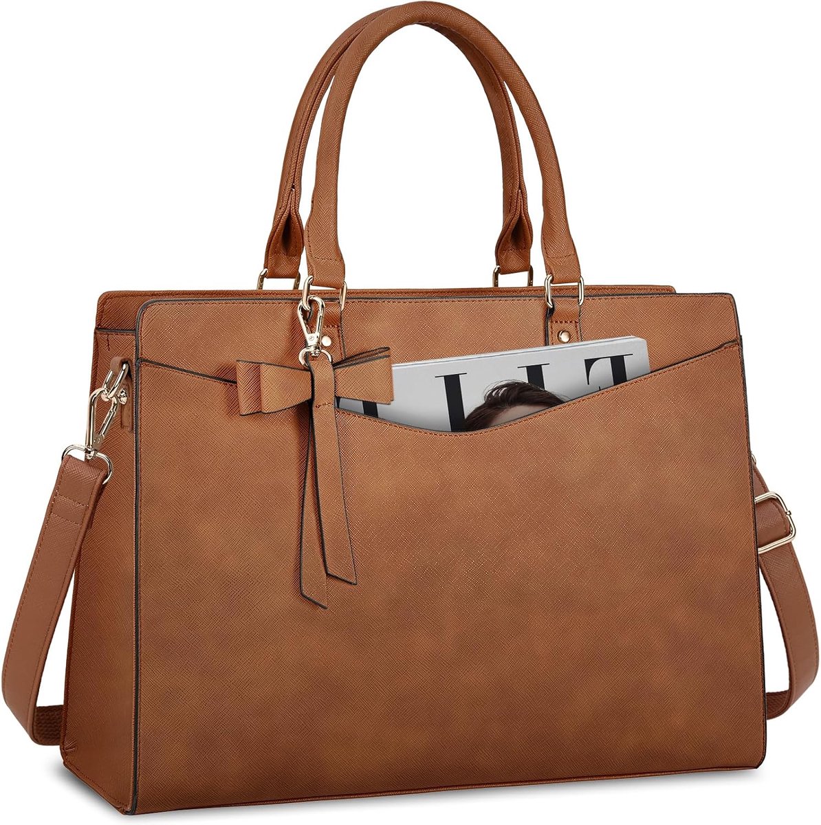 Handtas - Aktetas - Schoudertas - Laptoptas Dames 15,6 inch – PU Leren Laptop Tote Bag – Waterbestendige Zakelijke Aktetas – Lichtgewicht Schoudertas voor Werk en Kantoor - bruin - 42x15x32 cm