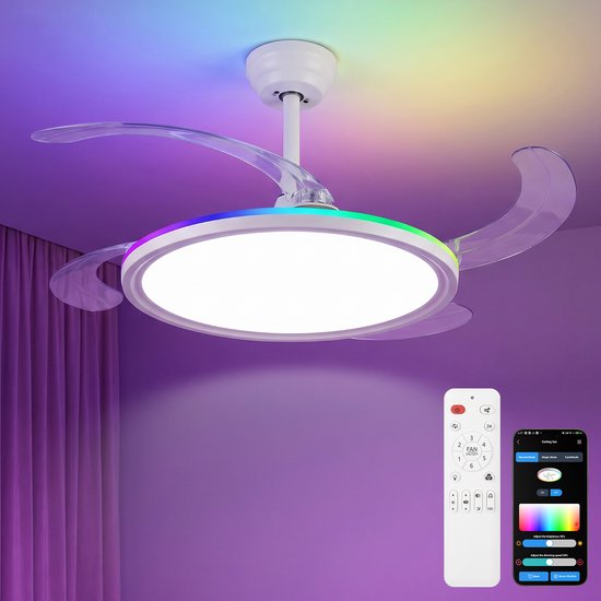 Oraymin Plafondventilator met Lamp 50 cm – Uitschuifbare Transparante Bladen - CCT 3000K-6000K - RGB en 6 Snelheden