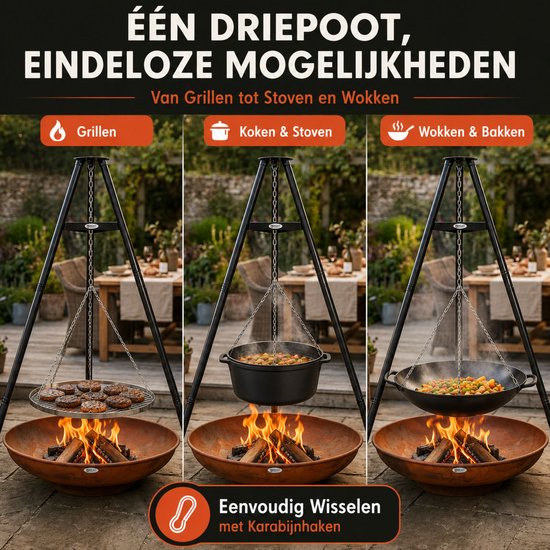 HEAT Outdoor Living Driepoot met Grillrooster (172 cm) - Zwart Staal Stativ - Driepoot Barbecues - Grillrooster 65 cm van Merkloos — afbeelding 4