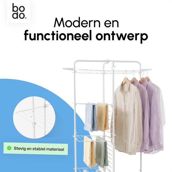 Close-up van de draden van een witte droogtoren. Tekst 'Stevig en stabiel materiaal'.