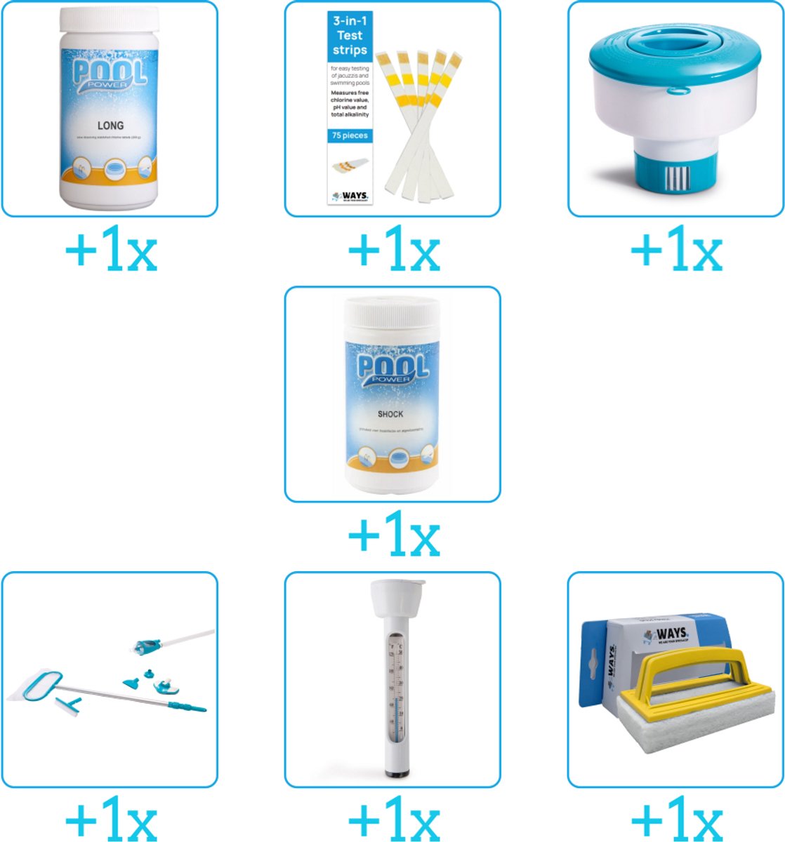 Zwembad Onderhoudspakket - Onderhoud Zwembad - bevat Chloor - Testrips - Chloordrijver - Shock - Schoonmaakset - Thermometer en Scrubborstel (7-delig)