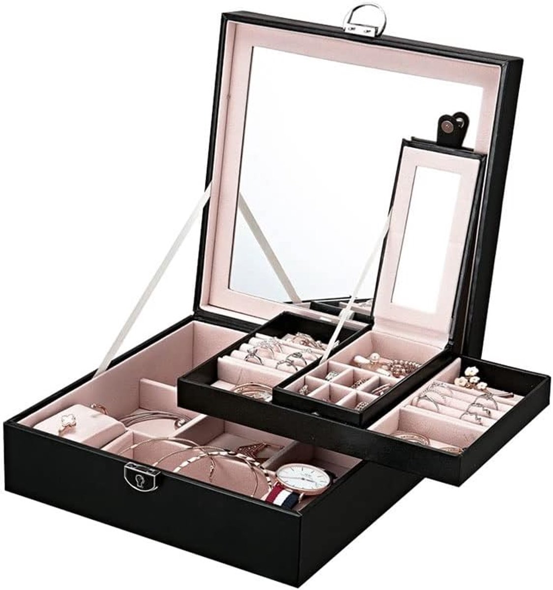 Juwelendoos - Opbergdoos Sieraden - Reizen Organiseren - Inclusief Reisdoosje - 23.5 x 23.5 cm - Zwart