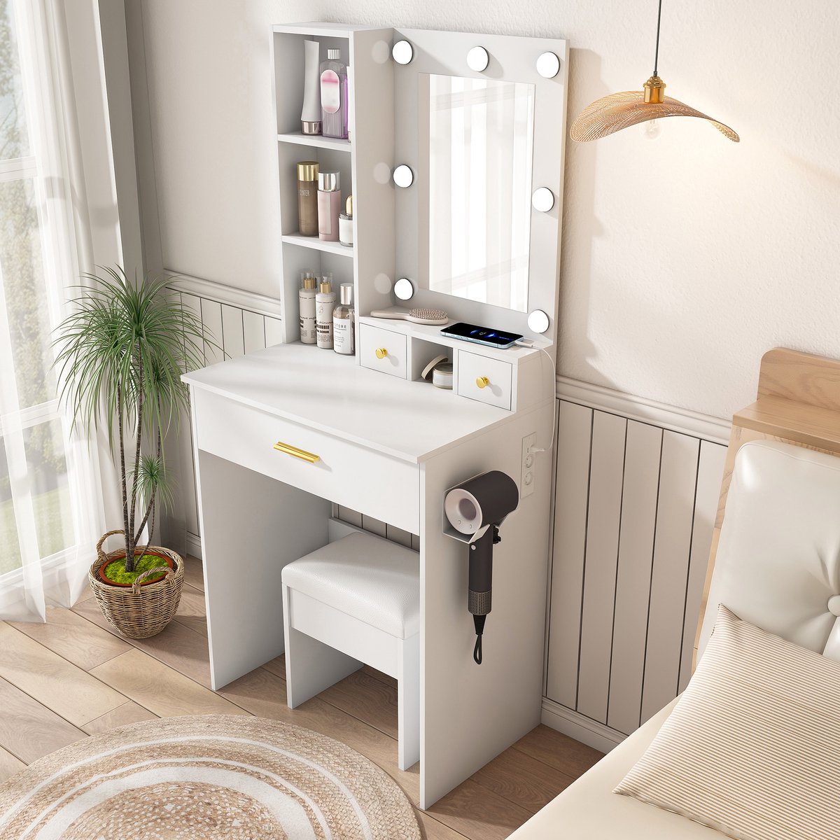 OKWISH Kaptafel Met Spiegel En Ledverlichting – Met Stopcontact, Föhnhouder En Kruk – 3 La