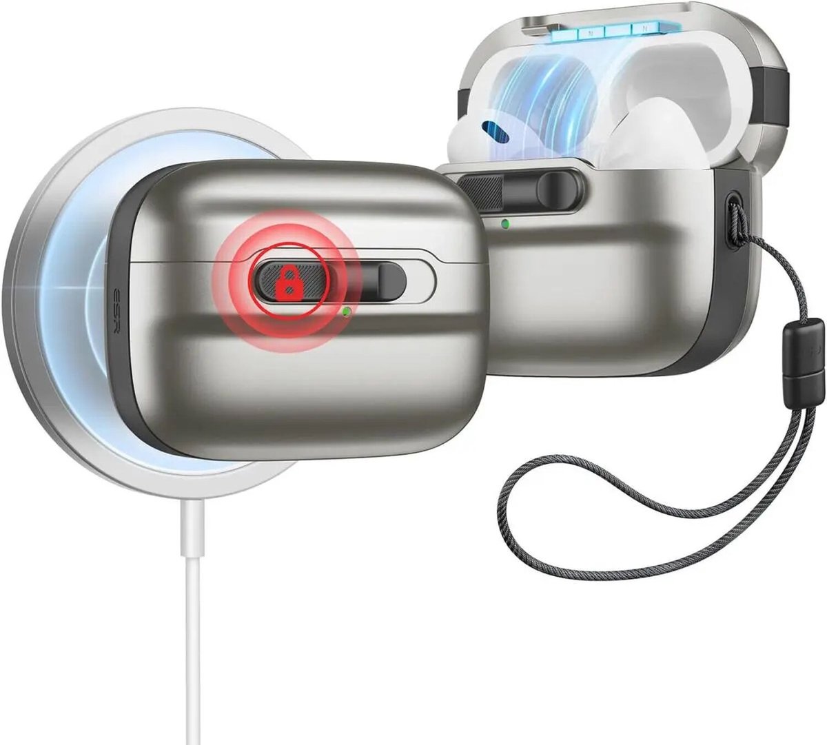 ESR HaloLock Pulse Magnetic Lock Hoesje geschikt voor AirPods Pro 1 / 2 - Compatibel met MagSafe - Titanium