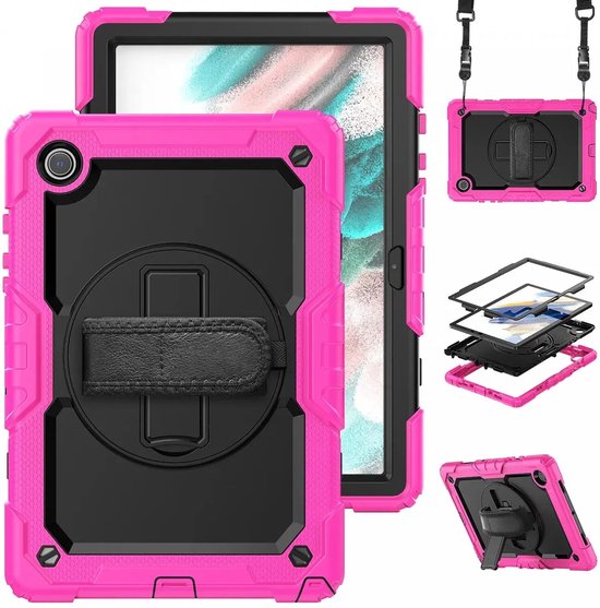 Étui avec protecteur d'écran intégré adapté au Samsung Galaxy Tab A8 | Comprend une dragonne et une bandoulière rotatives à 360° | Protection extrême | Idéal pour une utilisation professionnelle | Rose