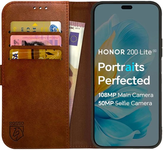 Rosso Element Geschikt voor Honor 200 Lite | Wallet Book Case | Portemonnee Hoesje | 3 Pasjes | Magneetsluiting | Stand Functie | Bruin