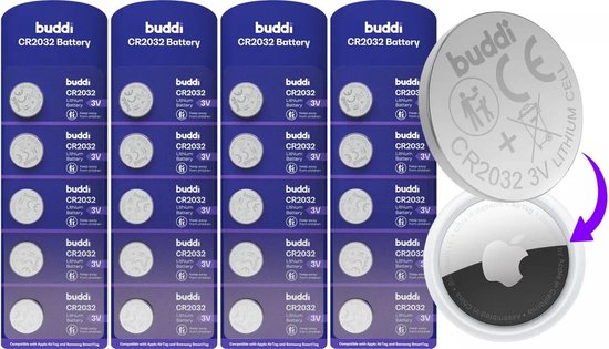 Vijf verpakkingen buddi CR2032 lithium batterijen, met een losse batterij en Apple AirTag.