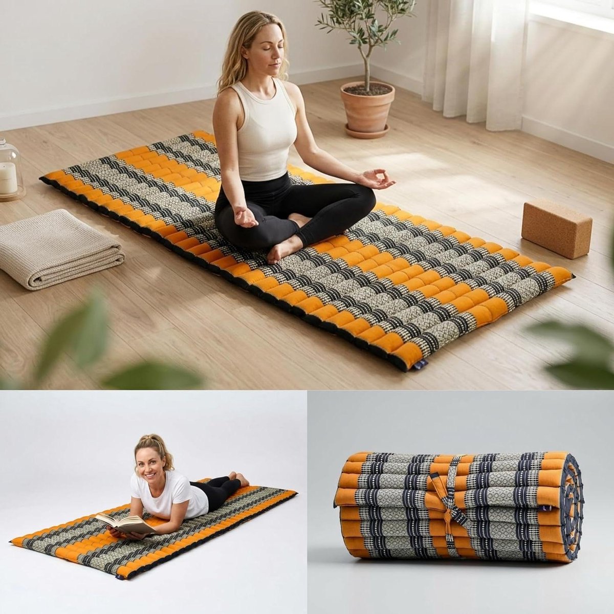 Thaise Rolmat - Slaapmat Futon - Ontspannen en Slapen - Kapok Vulling Natuurlijk - 190x70 cm - Zwart Oranje