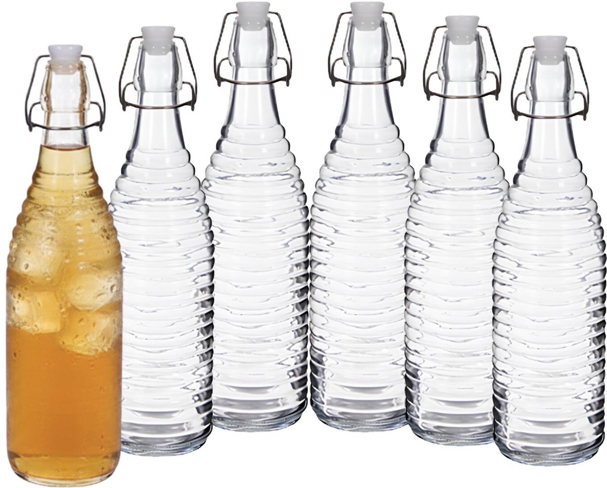 Alessandro Beugelflessen / weckflessen Linea - glas - 6x stuks - luchtdicht - 1 liter - waterfles - sierlijk motief