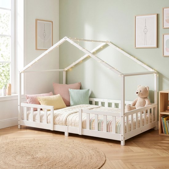 Lit maison blanc avec barreaux, décoré de coussins colorés et d'un ours en peluche.