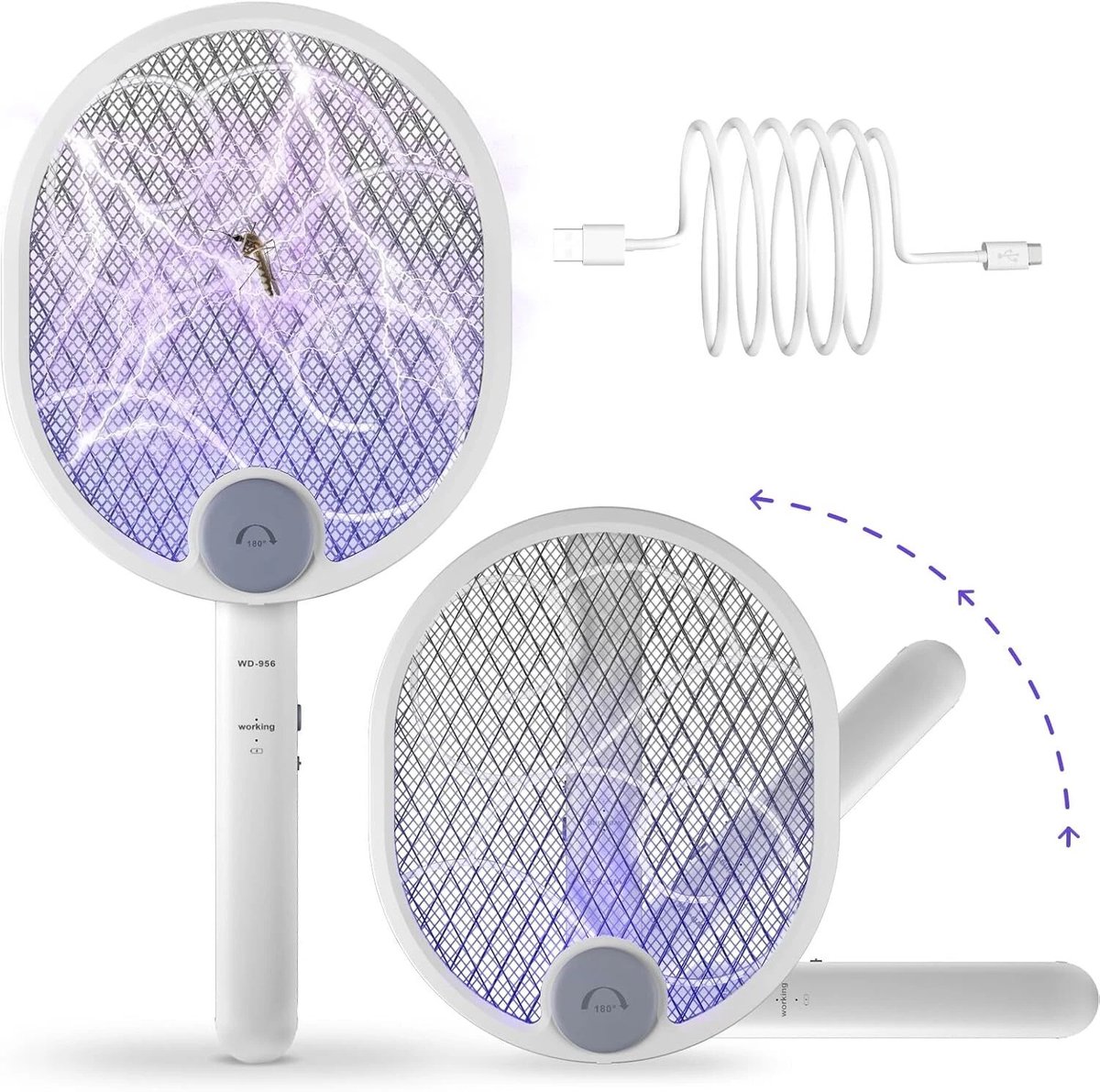 Elektrische vliegenmepper – 180° draaibare handgreep – USB oplaadbaar – Met licht – Vliegen- en muggenvanger – UV – Wit