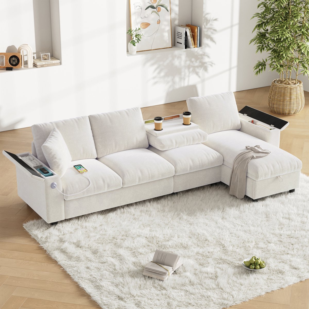 DESMIU Hoekbank 280 Cm - Uitklapbare Tafel Met 2 Bekerhouders, USB En Type C - Voor Woonkamer En Kleine Ruimtes - Chenille Beige