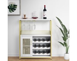 Wine Bar Cabinet with Storage - Wooden Buffet Sideboard Cabinet with Glass Holder, Mesh Door & Detachable Wine Rack, Modern Small Bar Rack Liquor Organization for Home Dinging Room - Gold