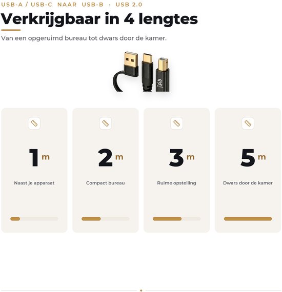 Verkrijgbaar in 4 lengtes: 1m, 2m, 3m, 5m. Zwarte kabel met gouden connectoren.