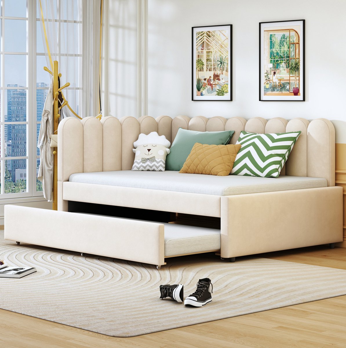 COVREO Bed 140x200 cm beige stof met uitziehbed zonder matras