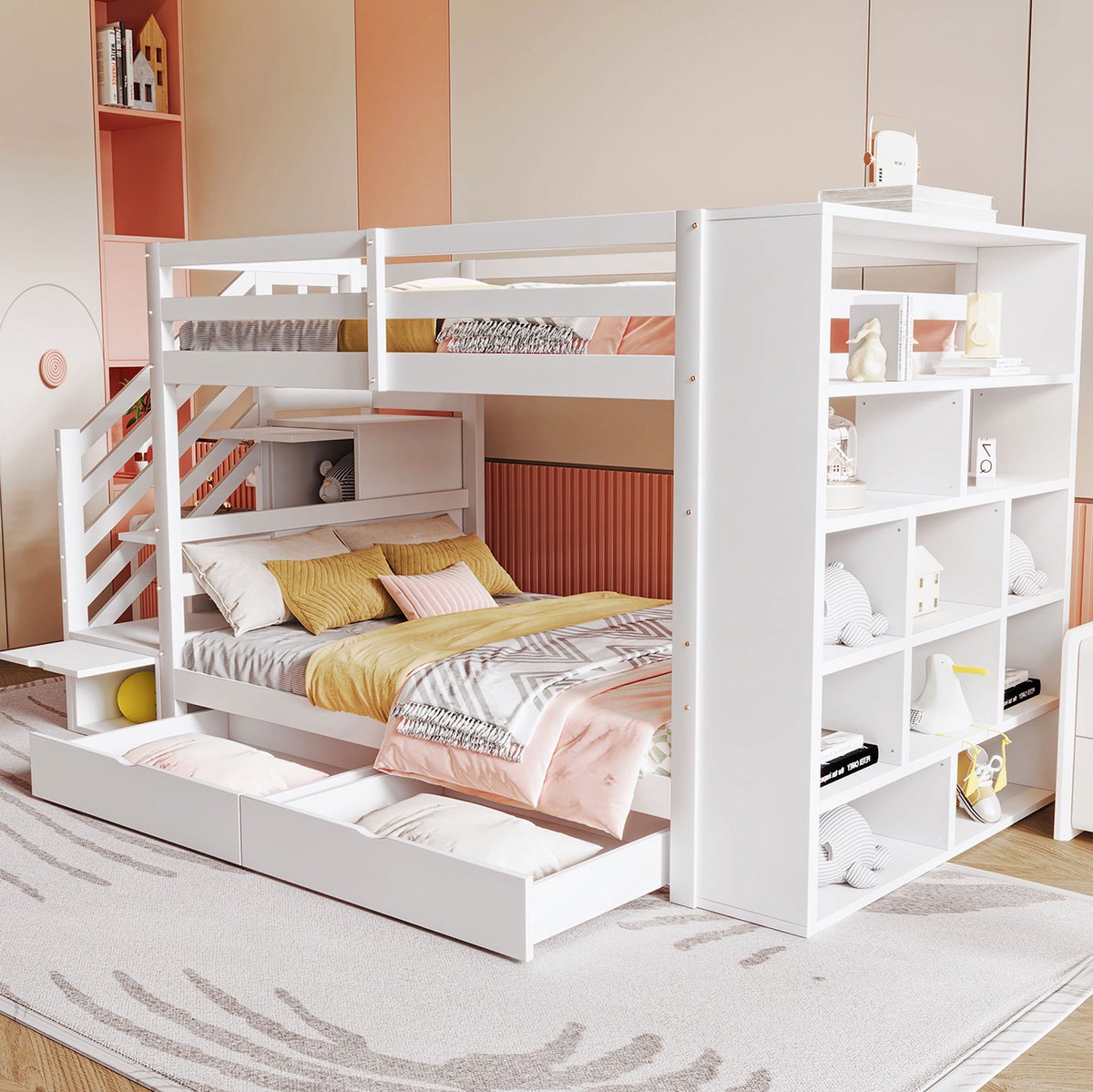 COVREO Stapelbed met opbergtrap – 90x200 cm – Kinderbed met lades en kastvakken – 278x95x139,5 cm – Wit - zonder matras