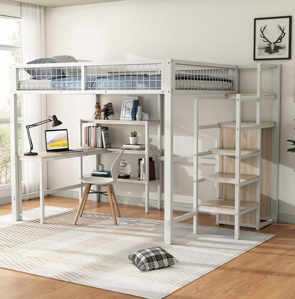 Hoogslaper, 140*200 cm, smeedijzeren bedframe, met opbergladder, meerdere planken, matras niet inbegrepen, ingebouwde kledingkast en bureau, wit.