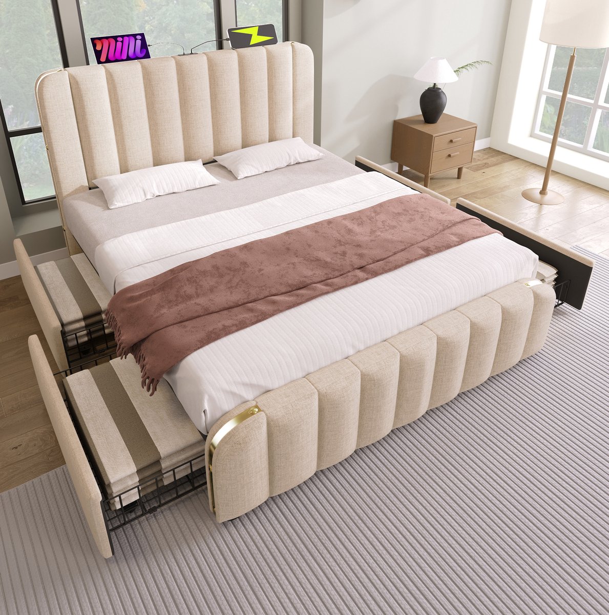 COVREO Bed 160x200 cm beige stof, 4 lades en USB-C aansluiting