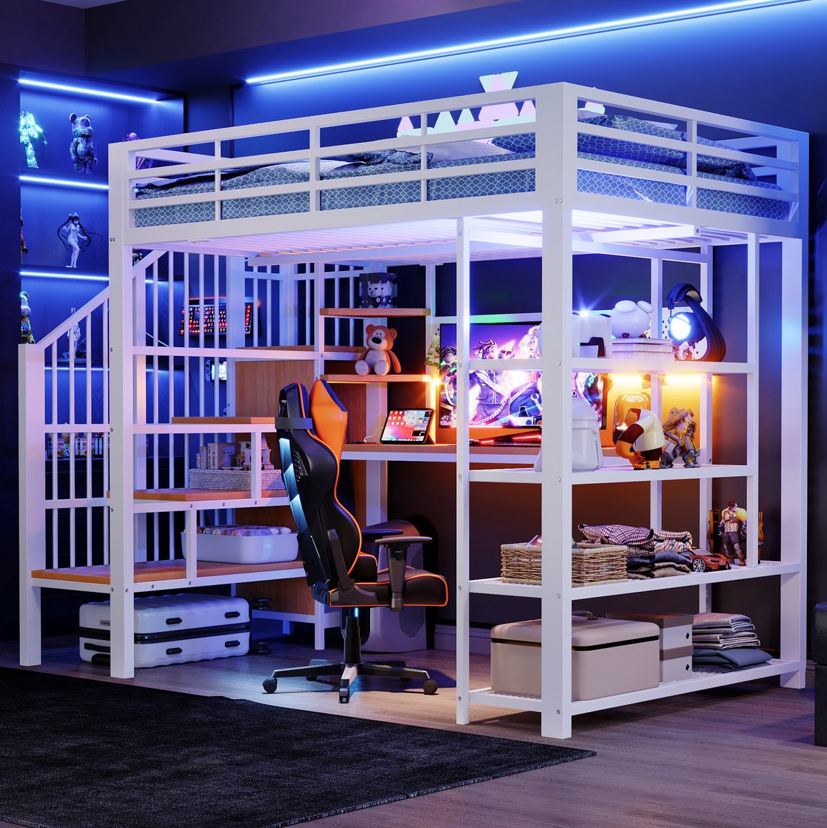 COVREO Hoogslaper 140x200 cm - met bureau, opbergtrap, LED-verlichting, stopcontact, wit