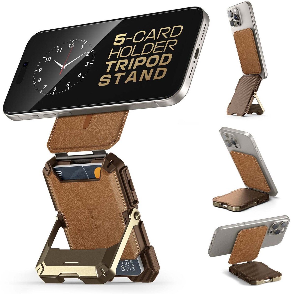 SUPCASE MagFlip Magnetic Wallet Stand | Magnetische Kaarthouder / Pasjeshouder | Compatibel met MagSafe | Portemonnee voor 5 Pasjes | Portemonnee | Standaard | Bruin