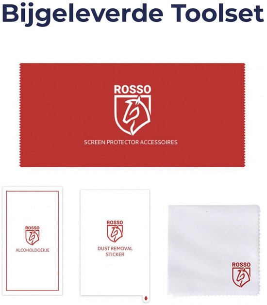 Bijgeleverde tools voor de Rosso screenprotector: rode doek, alcohol doekje, dust removal sticker en poetsdoekje.