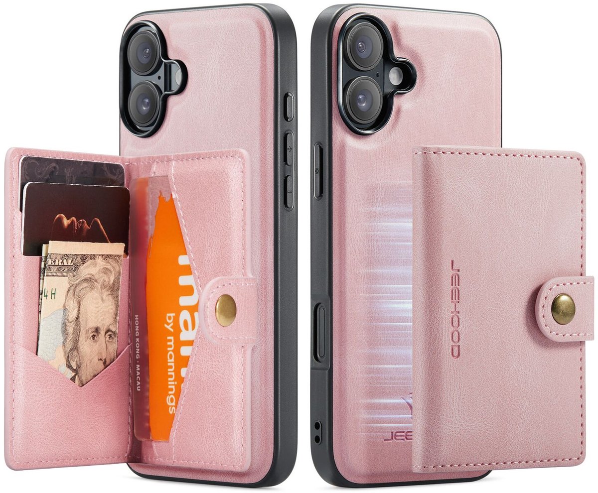 CaseMe JH-01 Hoesje Geschikt voor Apple iPhone 17 | Back Cover met Magnetische Kaarthouder | Beschermhoes Pasjeshouder Achterkant | 4 Pasjes en Briefgeld | Roze