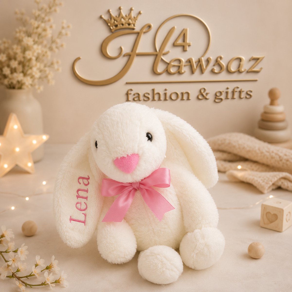 Kraamcadeau - Hawsaz.nl cadeau - Lief Baby knuffel konijn wit - Babygeschenk- knuffel met naam - kraamcadeau met naam - Lief - knuffel konijn 30 cm - Naam Personaliseren - Babyshower cadeau - voor jongens én meisjes - Met naam - Bunnies - Geborduurd