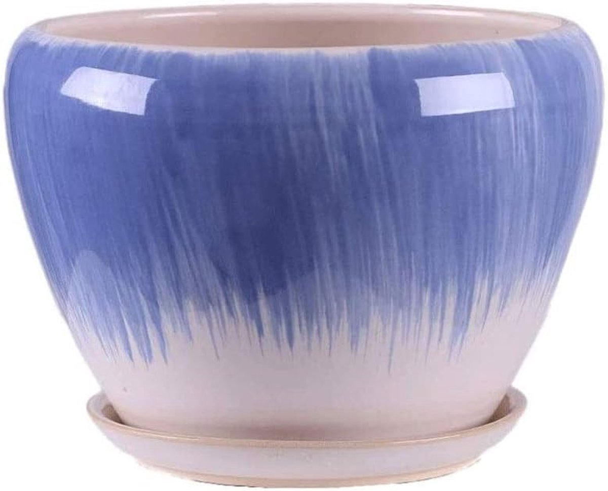 Keramische Pot - Bloempot met schotel - Planten decoreren - Goede afwatering - 23 cm - Blauw