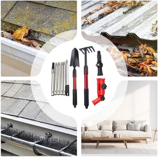 Gootreiniger Set - Dakgoot Onderhoud - Buitenonderhoud Huis - Verstelbare Hoekadapter - 6 Delige Telescoopsteel - Zwart Rood — afbeelding 4