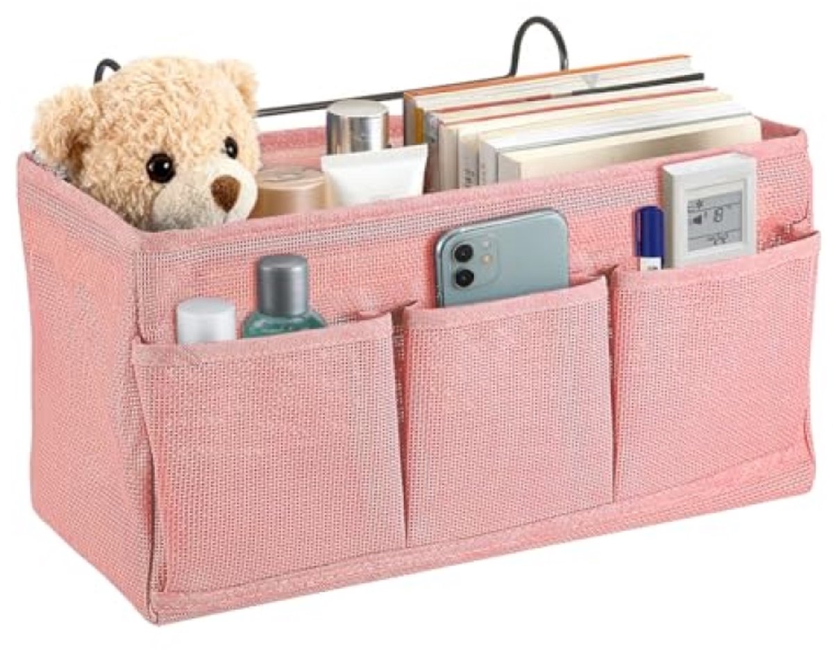ModernStore Ophangbare Bed Organizer - Net Nachtkastje met 3 Vakken voor Bed, Studentenhuis, Thuis - Roze