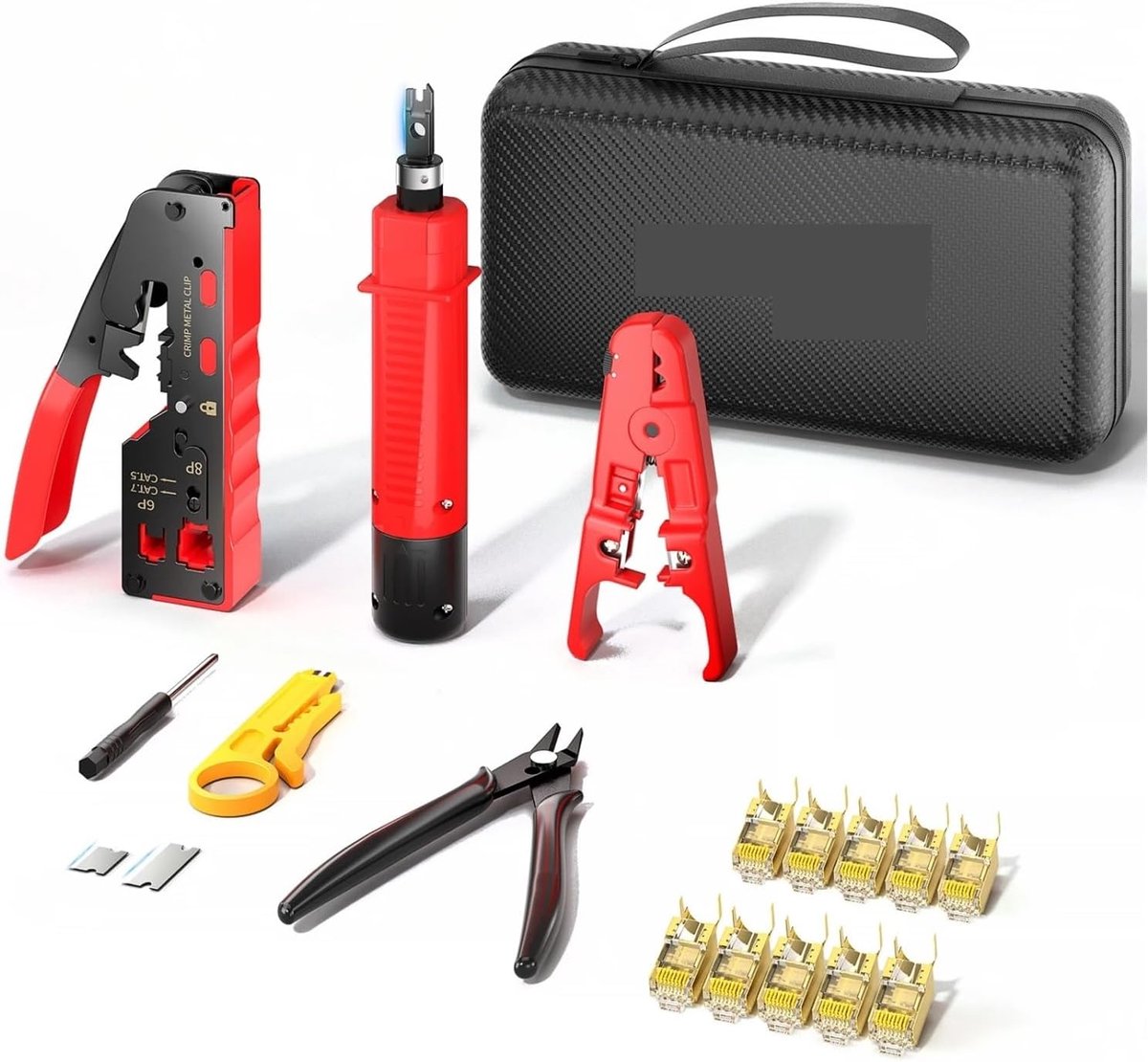 Netwerkkabeltester Set - Netwerktester Krimptang - Netwerk Installatie - Pass Through Crimp - 728 318B Set - Rood Zwart