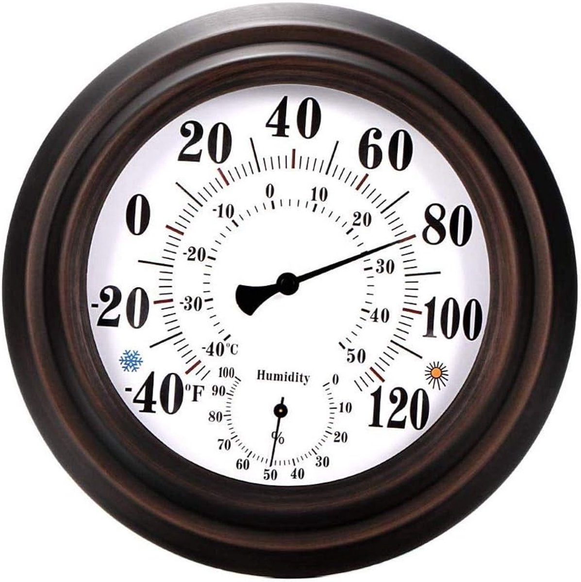 Wandthermometer Buiten Binnen - Temperatuurmeter Huis - Temperatuur Monitoren - Dubbele Wijzerplaat - 20 cm Diameter - Bruin