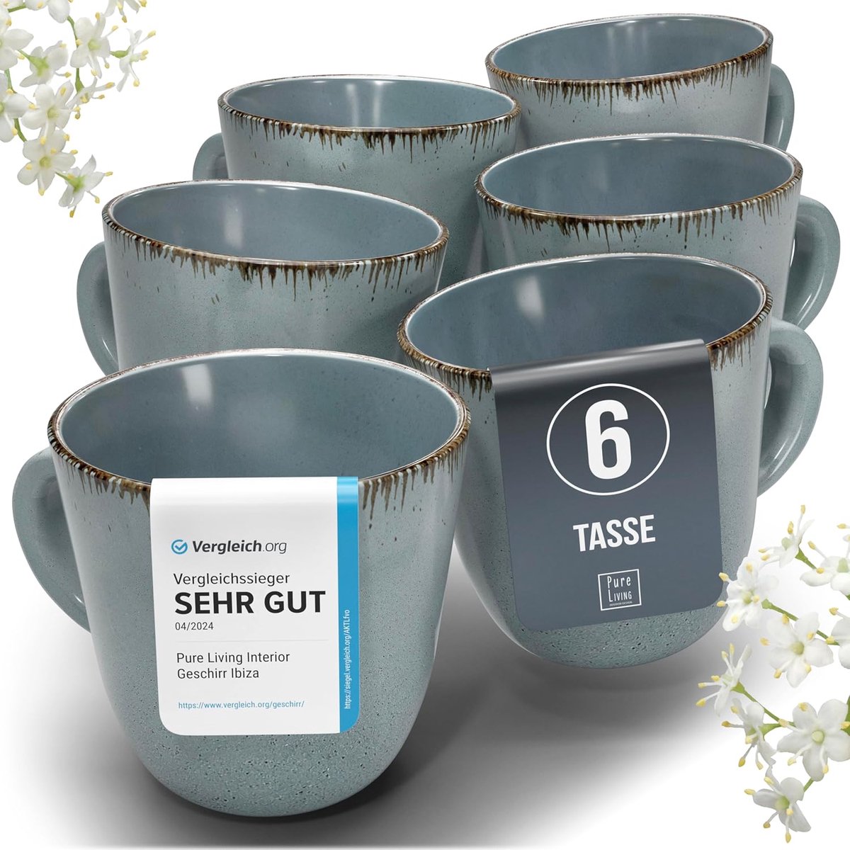Pure Living rookblauw koffiemokken set van 6 – 460 ml – aardewerk – landelijk design – Rustic