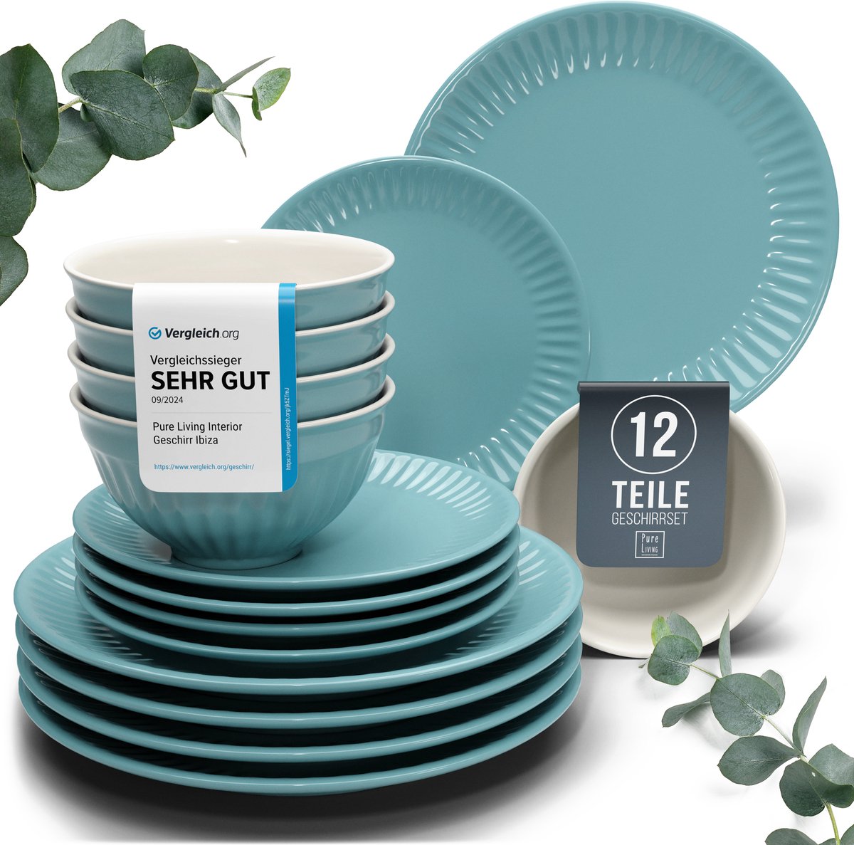 Pure Living Grün serviesset voor 4 personen – 12-delig – aardewerk – scandinavisch design – vaatwasserbestendig