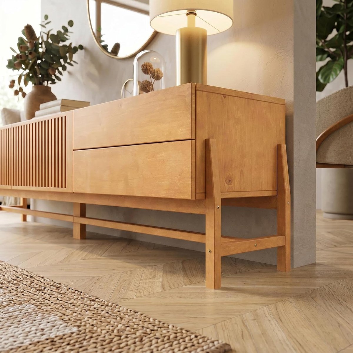 TV Meubel 225 x 53 x 41 cm – Massief Houten Lowboard met Schuifdeuren & Lades – Modern Eiken Look TV Kast / Dressoir / Sideboard – Mobili Bella