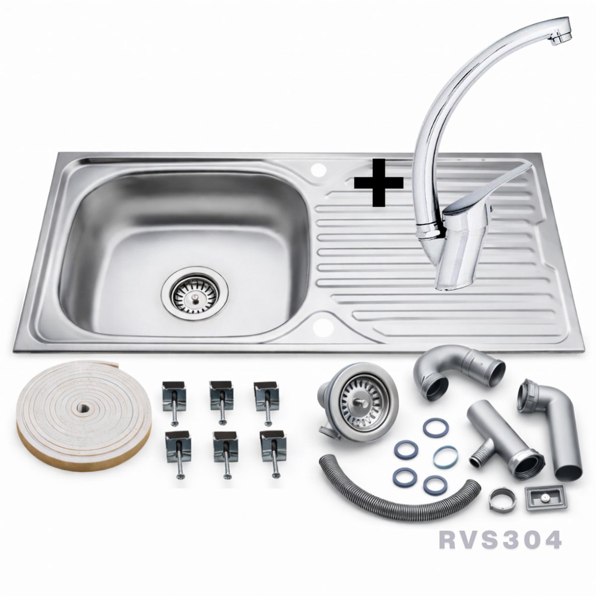 Spoelbak Keuken 76x43,5 cm met chroom Keukenkraan – Enkele Bak met Druiprek, Sifon – Complete Inbouwset