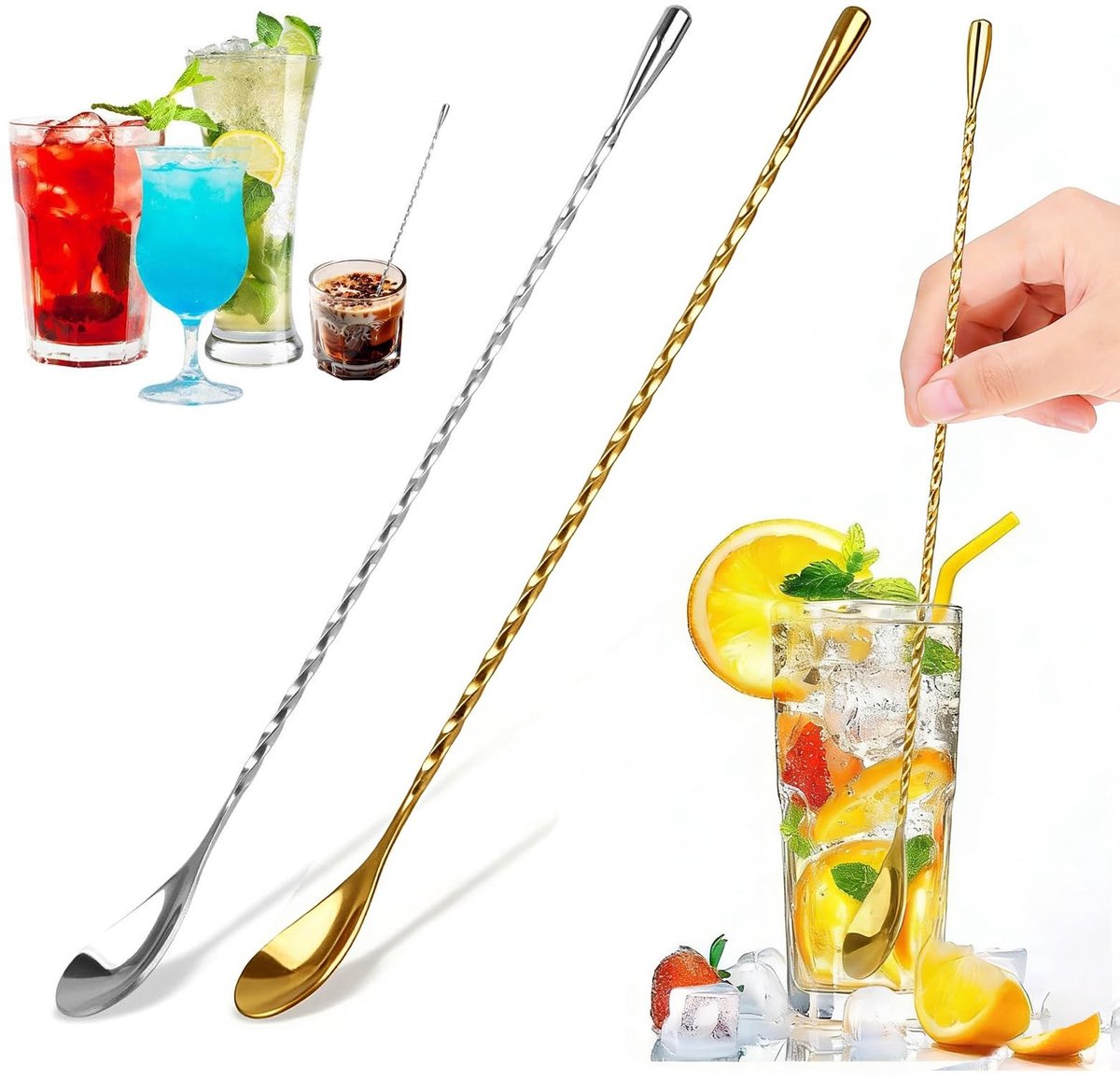 Dailygoods- Barlepel 30 cm - Roestvrij Staal - Cocktailaccessoires - Professionele Cocktailroerders - Set van 2 - Spiraallepel - Cocktaillepel